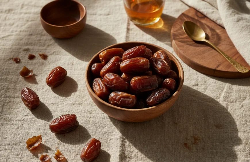 ajwa dates benefits: premium product photography on warm linen