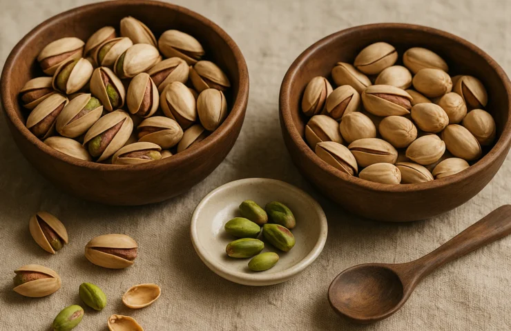 Two bowls comparing Akbari long pistachios vs Kerman round pistachios with shelled green kernels on warm linen