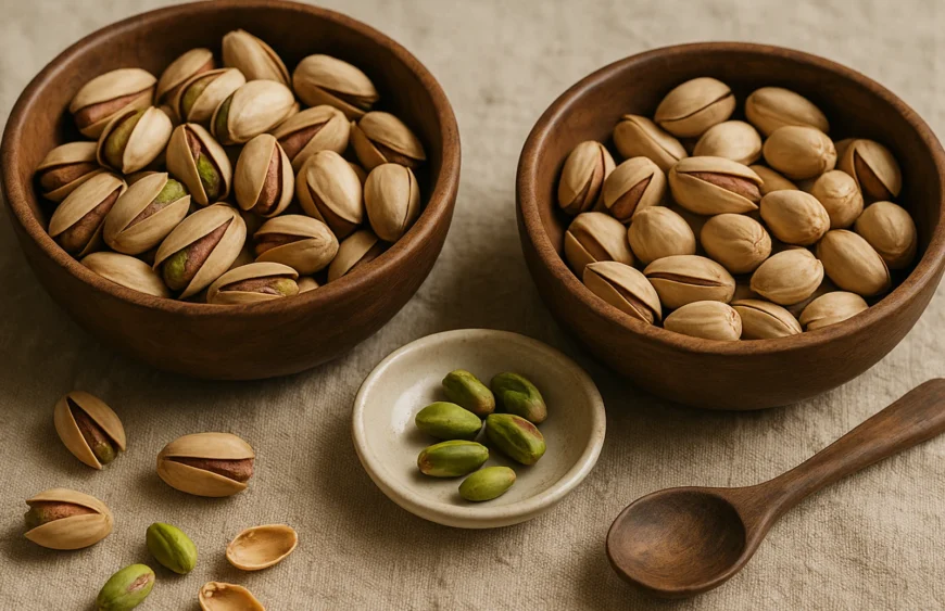 Two bowls comparing Akbari long pistachios vs Kerman round pistachios with shelled green kernels on warm linen