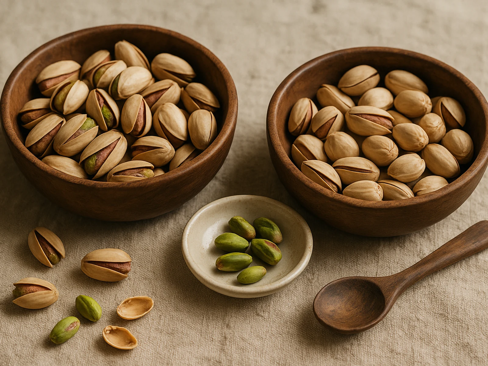 Two bowls comparing Akbari long pistachios vs Kerman round pistachios with shelled green kernels
