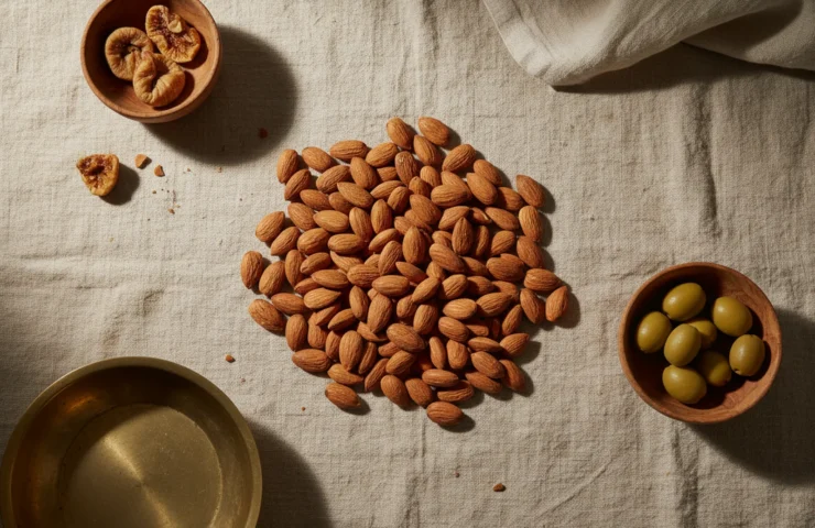 almonds for pregnancy: premium product photography on warm linen