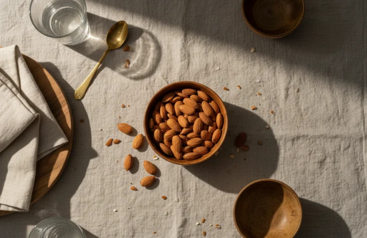 almonds nutrition 100g india: premium product photography on warm linen