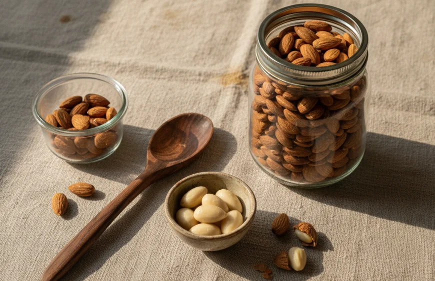 Glass jar of premium almonds with airtight storage setup and soaked sample on warm linen