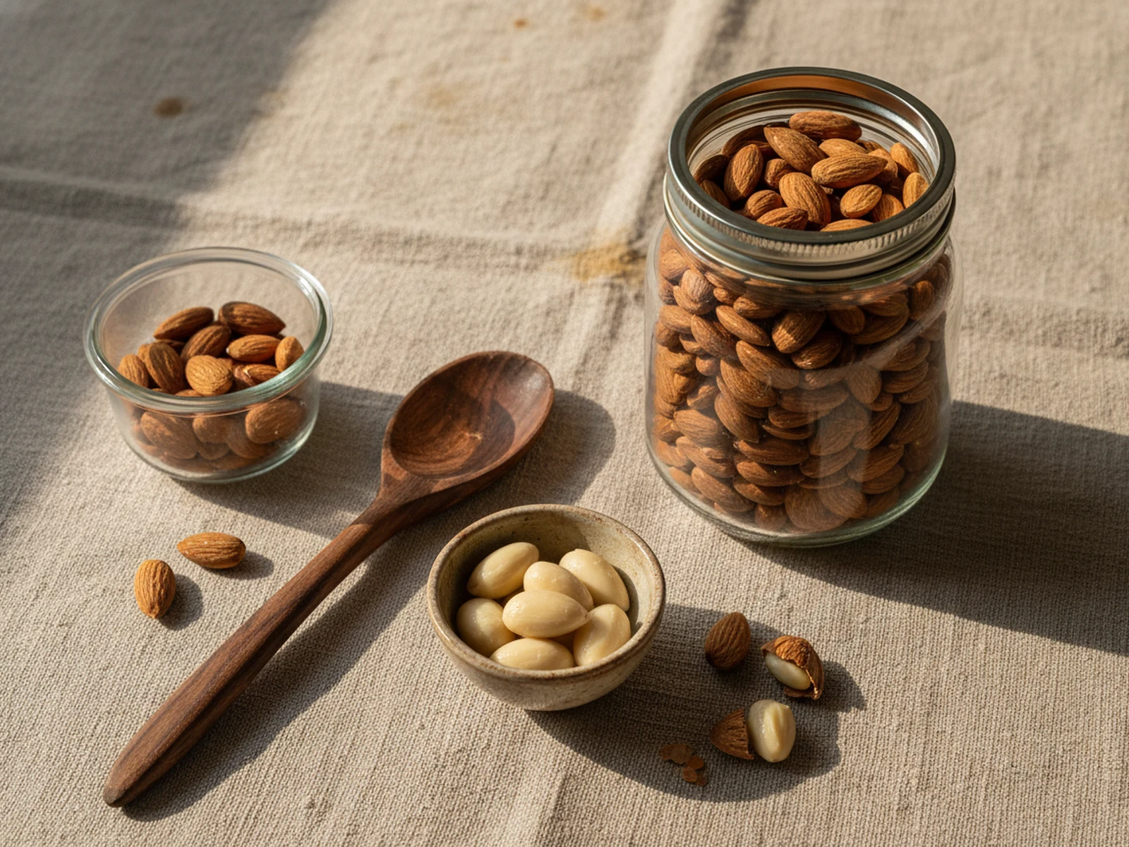 Glass jar of premium almonds with airtight storage and soaked sample