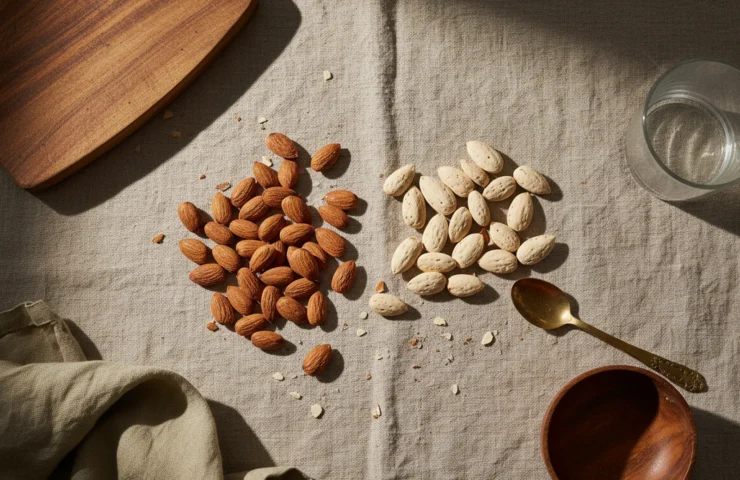 badam vs almonds: premium product photography on warm linen