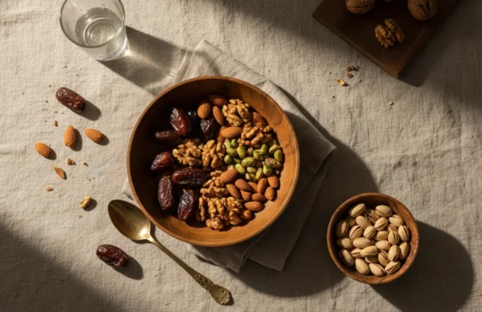 dry fruits for immunity: premium product photography on warm linen