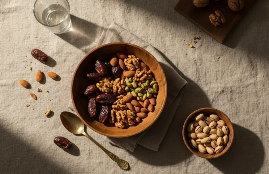 dry fruits for immunity: premium product photography on warm linen