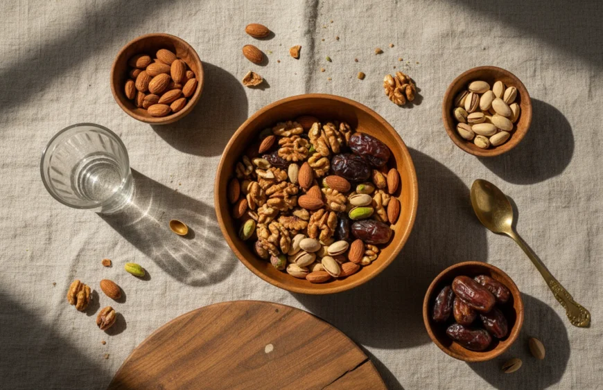 dry fruits for kids: premium product photography on warm linen