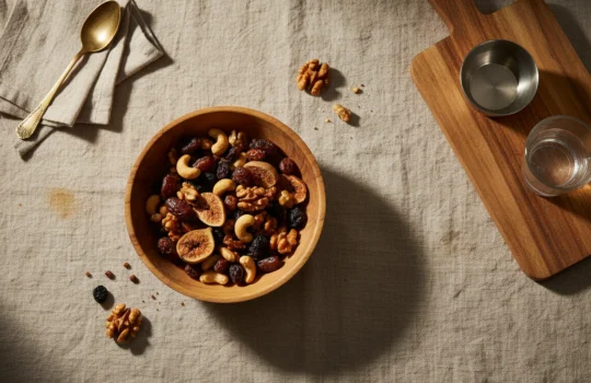 high protein dry fruits: premium product photography on warm linen
