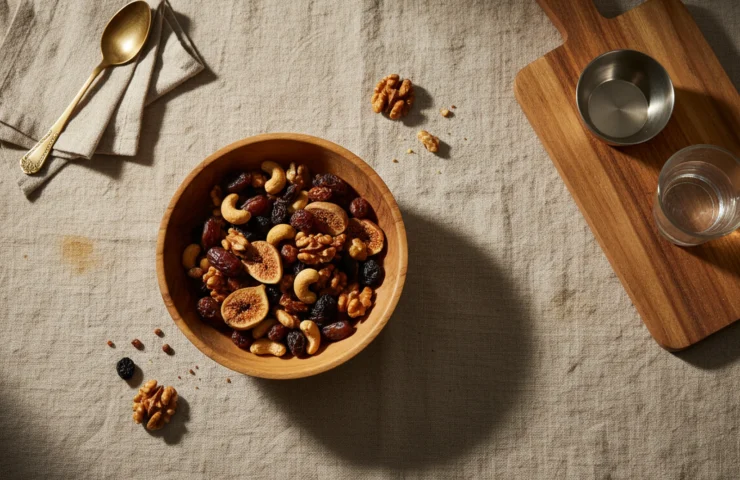 high protein dry fruits: premium product photography on warm linen