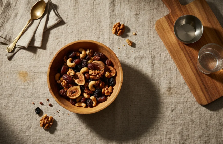 high protein dry fruits: premium product photography on warm linen