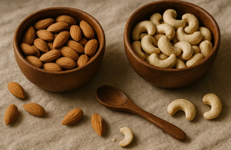 Two wooden bowls side by side — premium California almonds and premium whole cashews — on warm linen