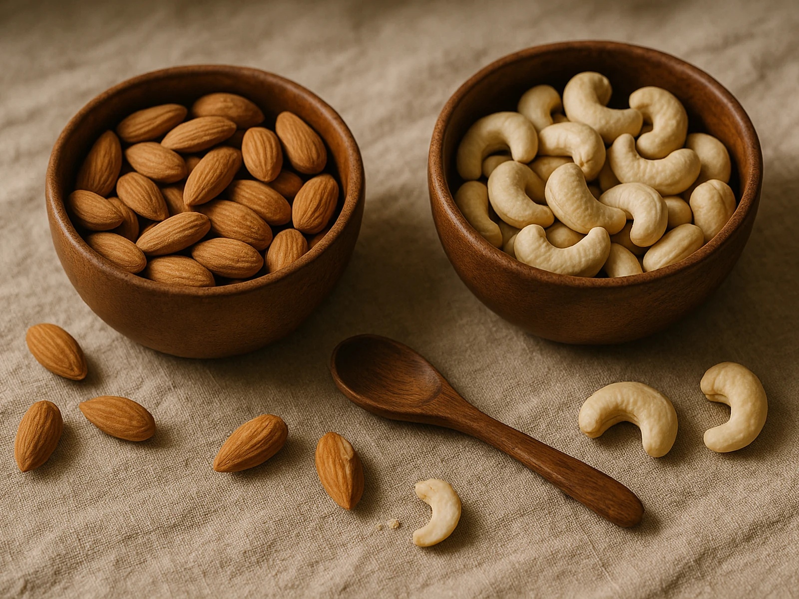 Two bowls of premium almonds and cashews