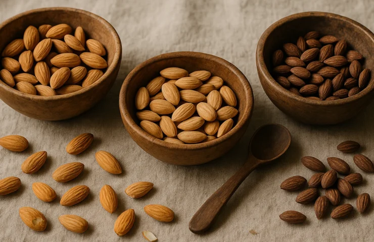 Three wooden bowls of premium almond varieties — California Nonpareil, Mamra, and Gurbandi — on warm linen