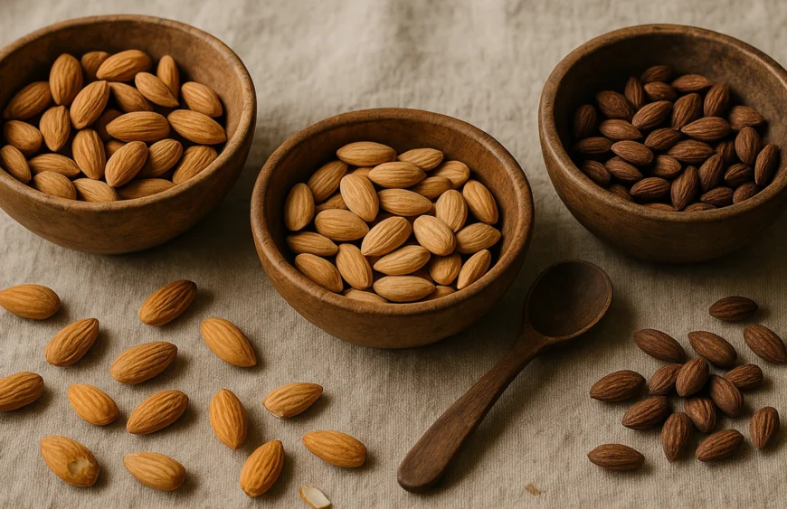 Three wooden bowls of premium almond varieties — California Nonpareil, Mamra, and Gurbandi — on warm linen