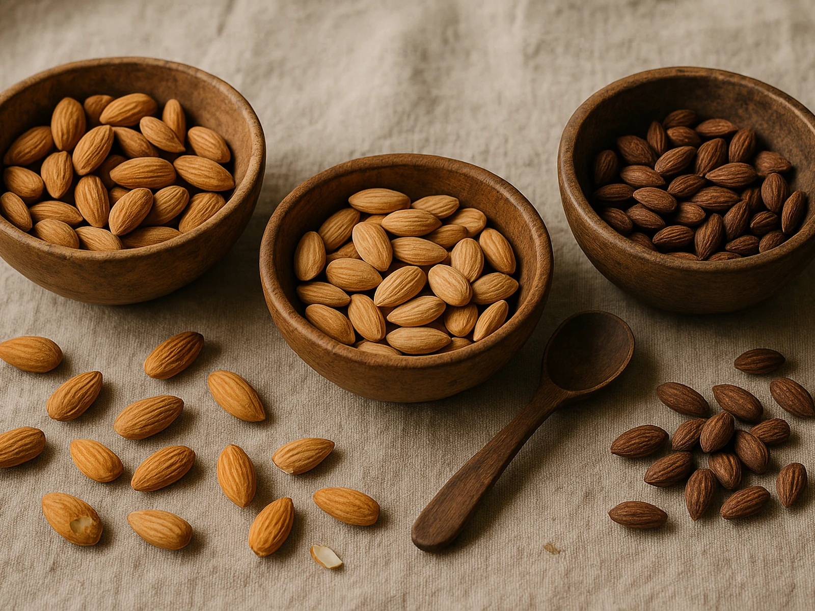 Three bowls of premium almond varieties