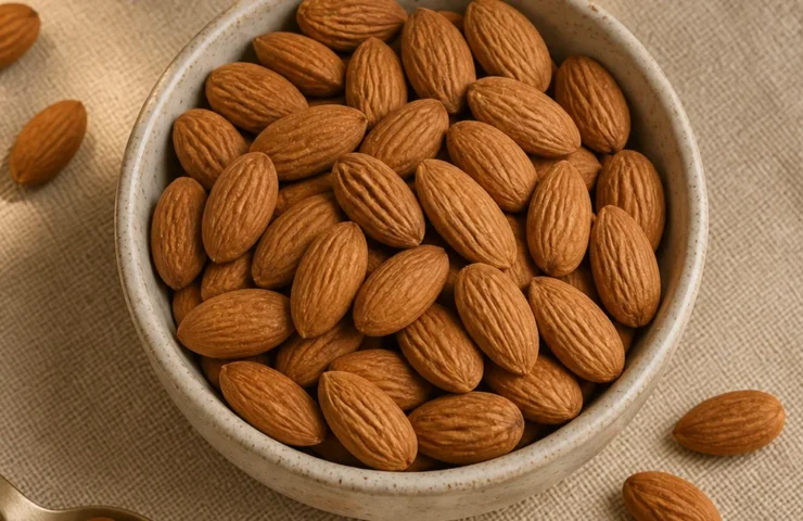 Premium almond bowl on warm linen with loose kernels and brass spoon, Ammari Foods cover image