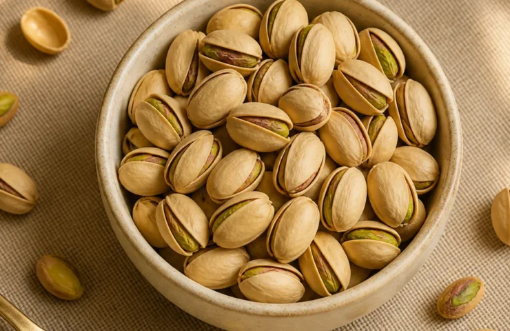 Premium pistachios in bowl with measured portion on warm linen, Ammari Foods cover image