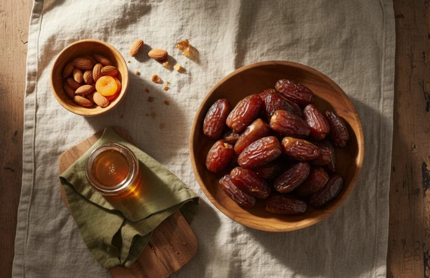 dates during pregnancy: premium product photography on warm linen