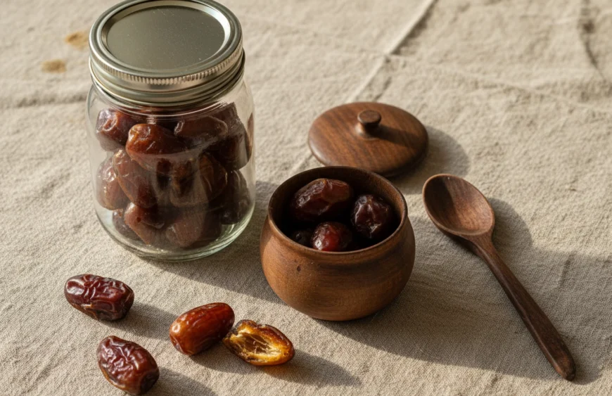 Glass jar of premium mixed dates with airtight storage setup and split-open Medjool on warm linen