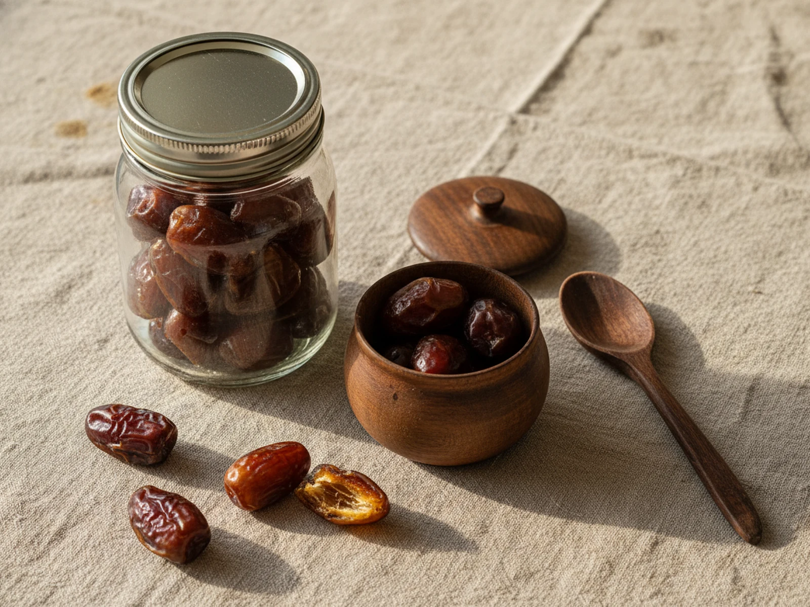 Glass jar of premium mixed dates with airtight storage and split-open Medjool