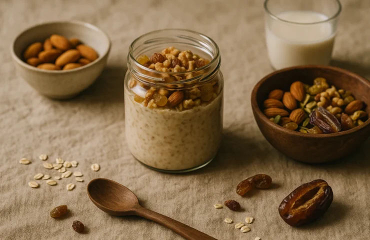 Morning breakfast scene with overnight oats jar, mixed dry fruits, soaked almonds, and warm milk on linen