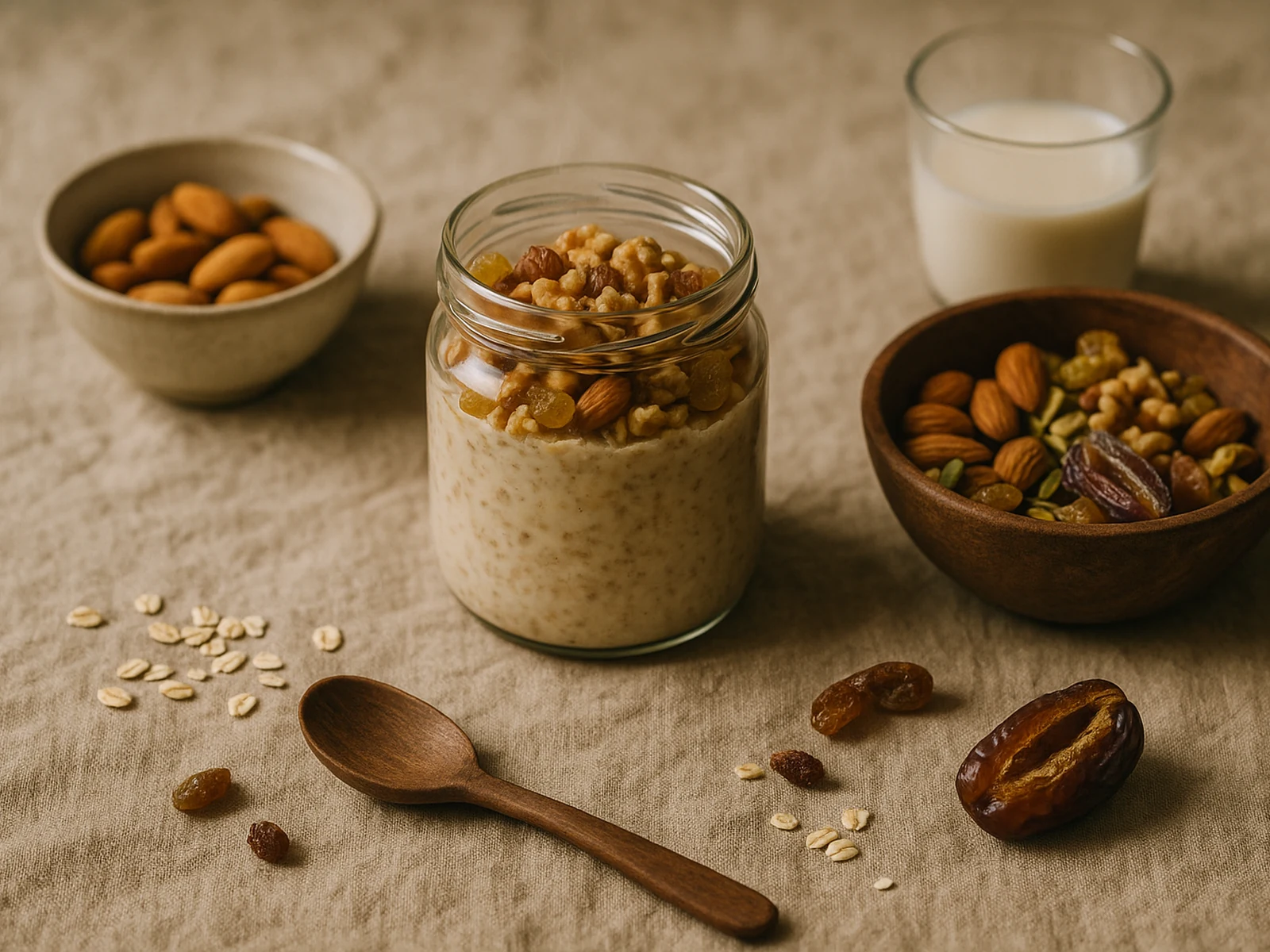 Morning breakfast scene with dry fruits and oats