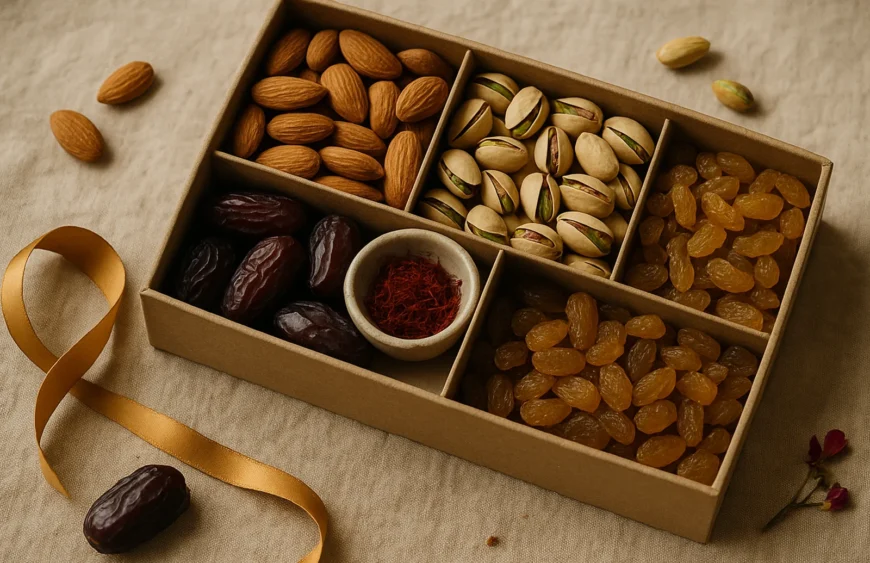 Premium dry fruit gift hamper with kraft box and satin ribbon — almonds, pistachios, Medjool dates, raisins, saffron