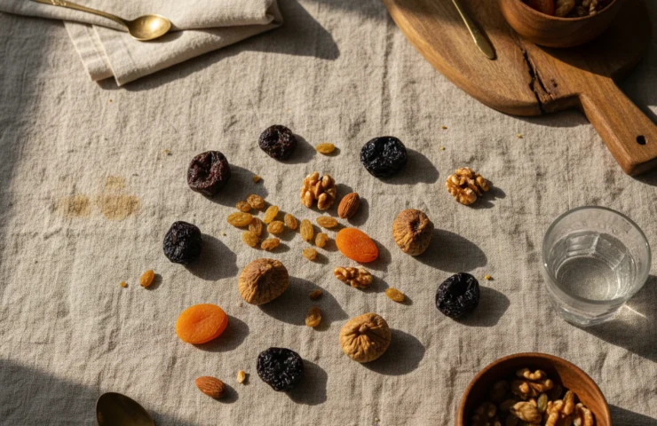 dry fruits vs fresh fruits: premium product photography on warm linen
