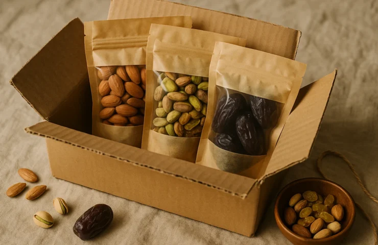 Open kraft-paper shipping box of premium dry fruits — almonds, pistachios, dates, raisins in unboxed pouches on linen