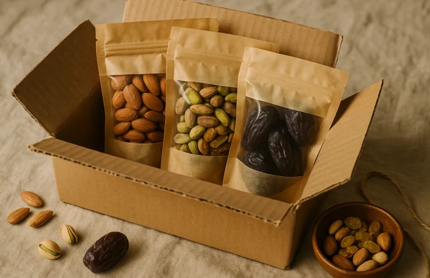 Open kraft-paper shipping box of premium dry fruits — almonds, pistachios, dates, raisins in unboxed pouches on linen
