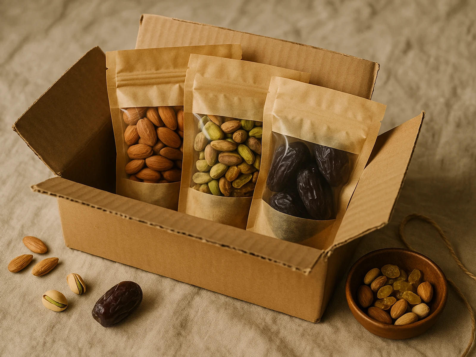 Open kraft shipping box with premium dry fruits