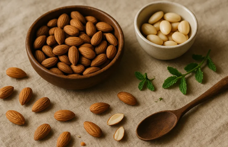 Bowl of premium California almonds with soaked-and-peeled almonds and herb sprig — health-focused still life on warm linen