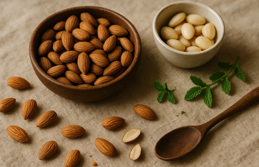 Bowl of premium California almonds with soaked-and-peeled almonds and herb sprig — health-focused still life on warm linen