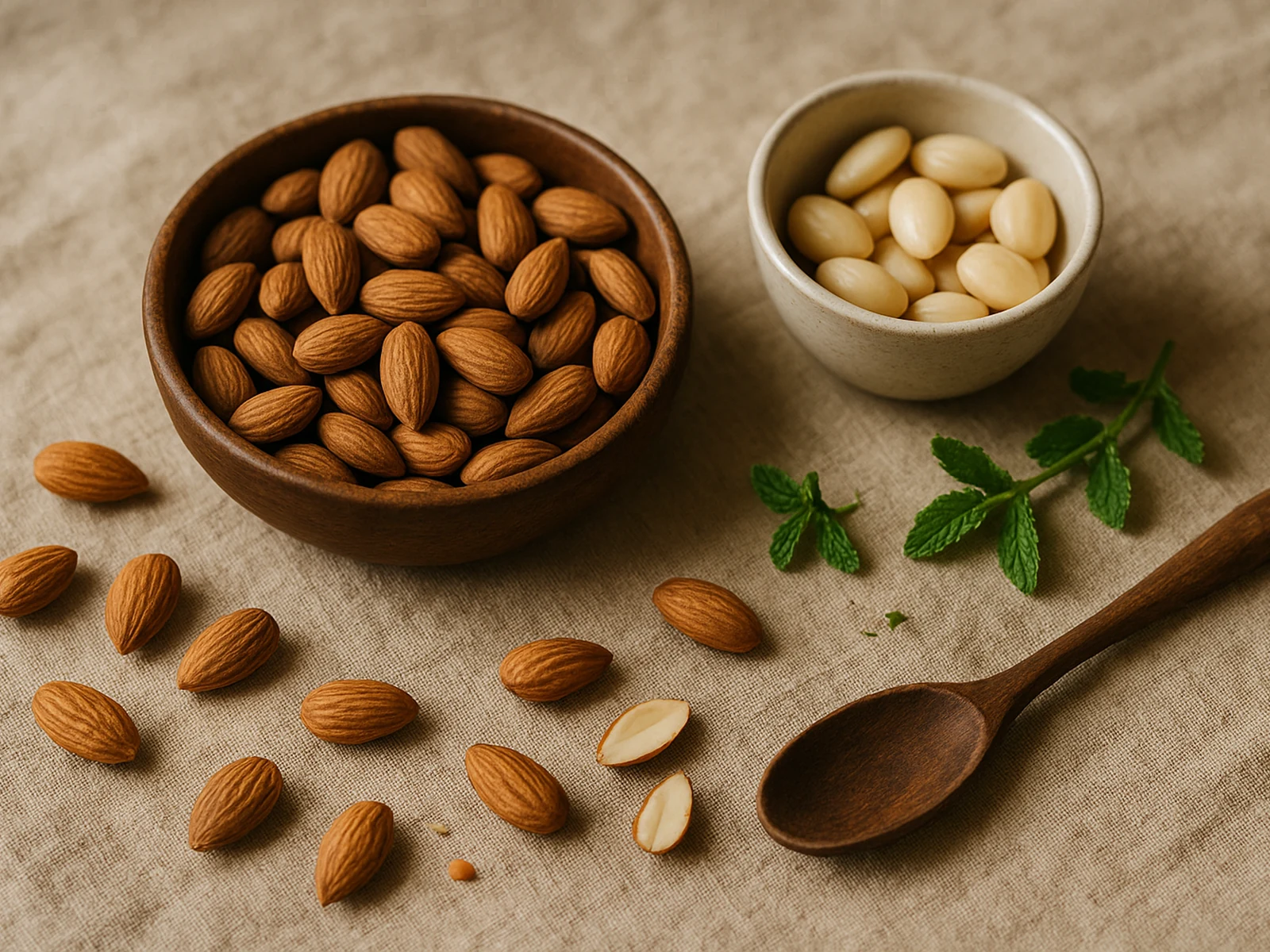 Bowl of premium California almonds with soaked-and-peeled almonds and herb sprig