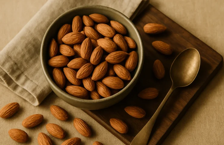 how many almonds per day — premium product photography on warm linen