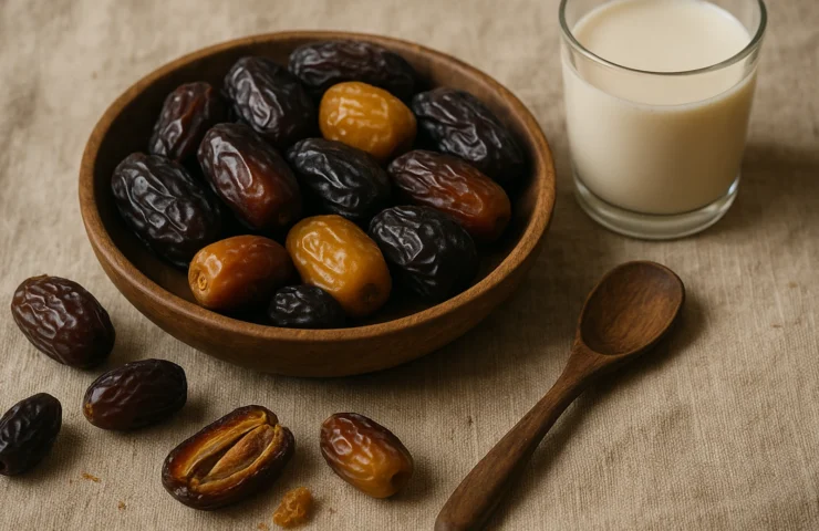 Bowl of premium mixed dates with split-open samples and warm milk on linen — daily portion still life