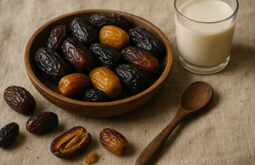 Bowl of premium mixed dates with split-open samples and warm milk on linen — daily portion still life