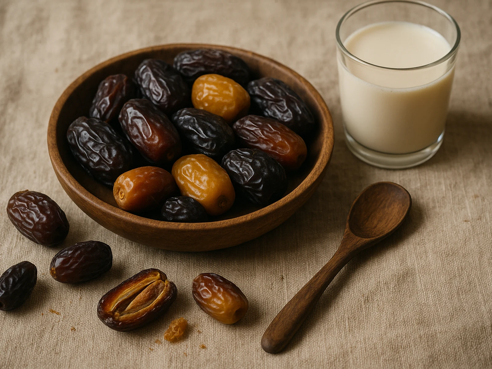 Bowl of premium mixed dates with split-open samples and warm milk