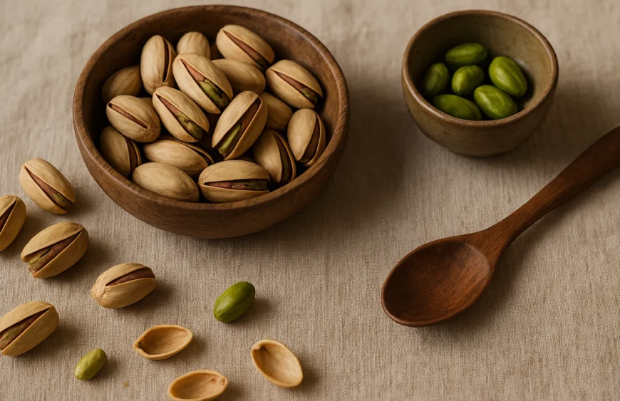 Single bowl of premium Iranian pistachios in shells with shelled green kernels alongside on warm linen