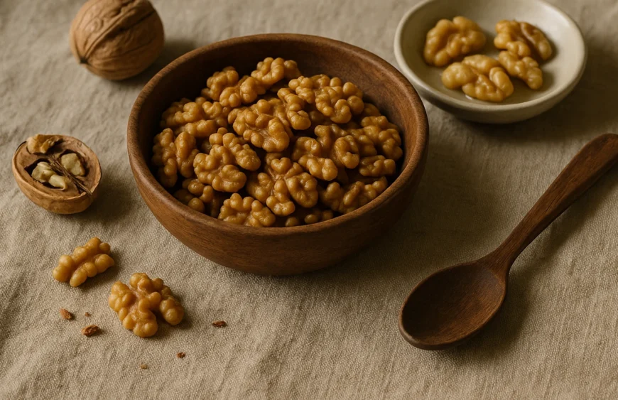 Bowl of premium walnut halves with soaked samples and a whole cracked walnut on warm linen