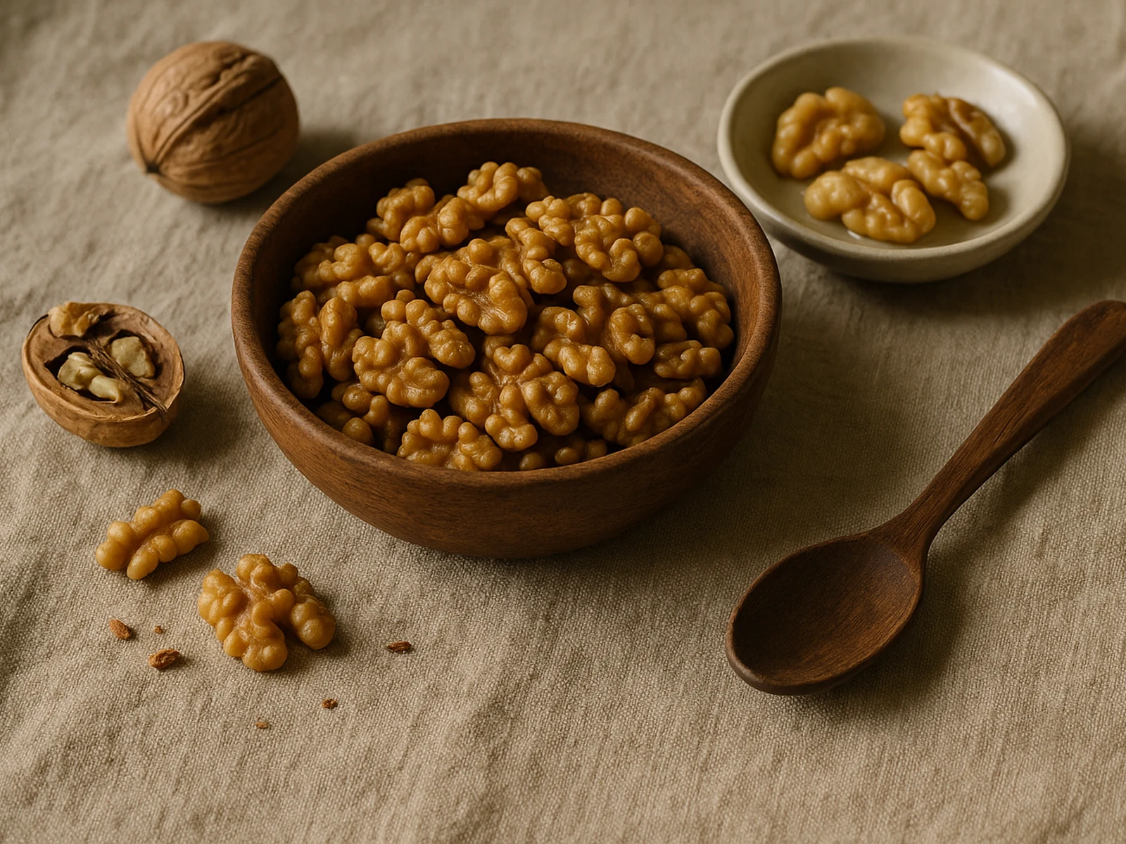 Bowl of premium walnut halves with soaked samples and a whole cracked walnut