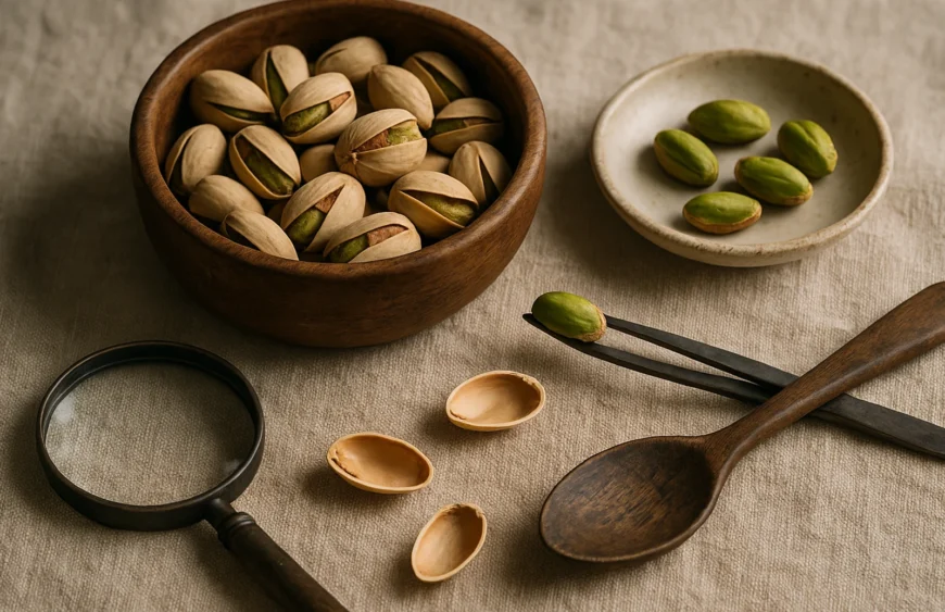 Iranian pistachios authenticity inspection with magnifying glass and split kernels for examination on warm linen