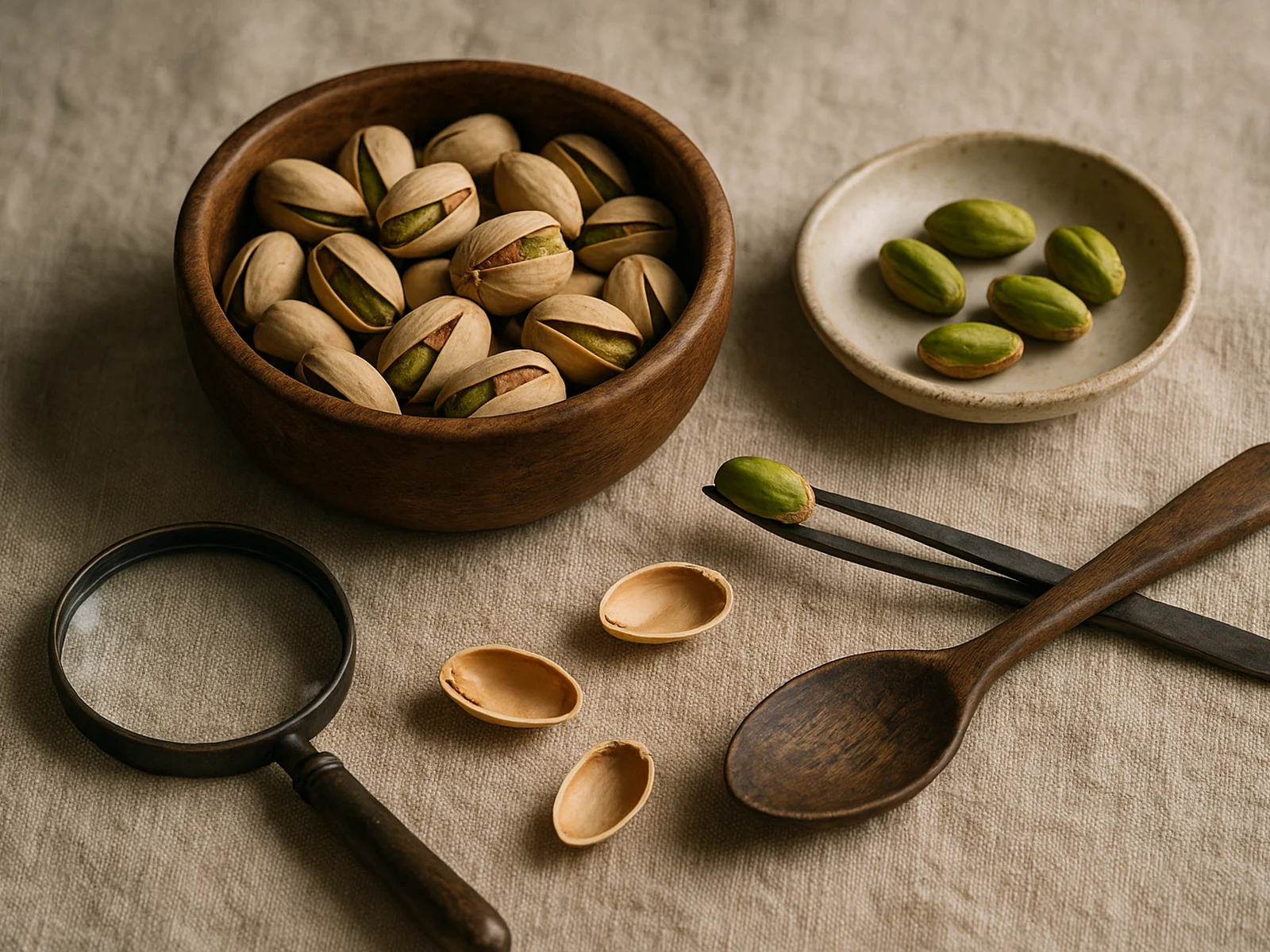 Iranian pistachios authenticity inspection with magnifying glass and split kernels