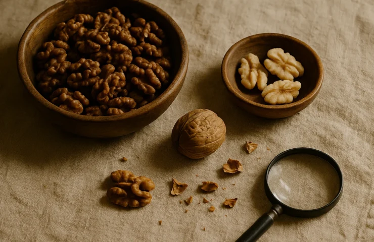 Kashmiri walnut halves with Chilean walnuts comparison and whole cracked walnut authenticity test on warm linen