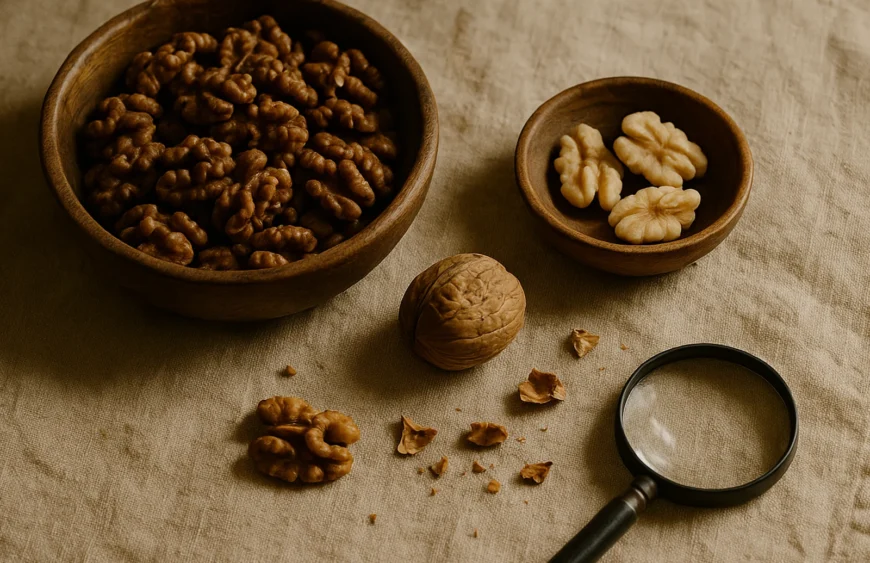 Kashmiri walnut halves with Chilean walnuts comparison and whole cracked walnut authenticity test on warm linen