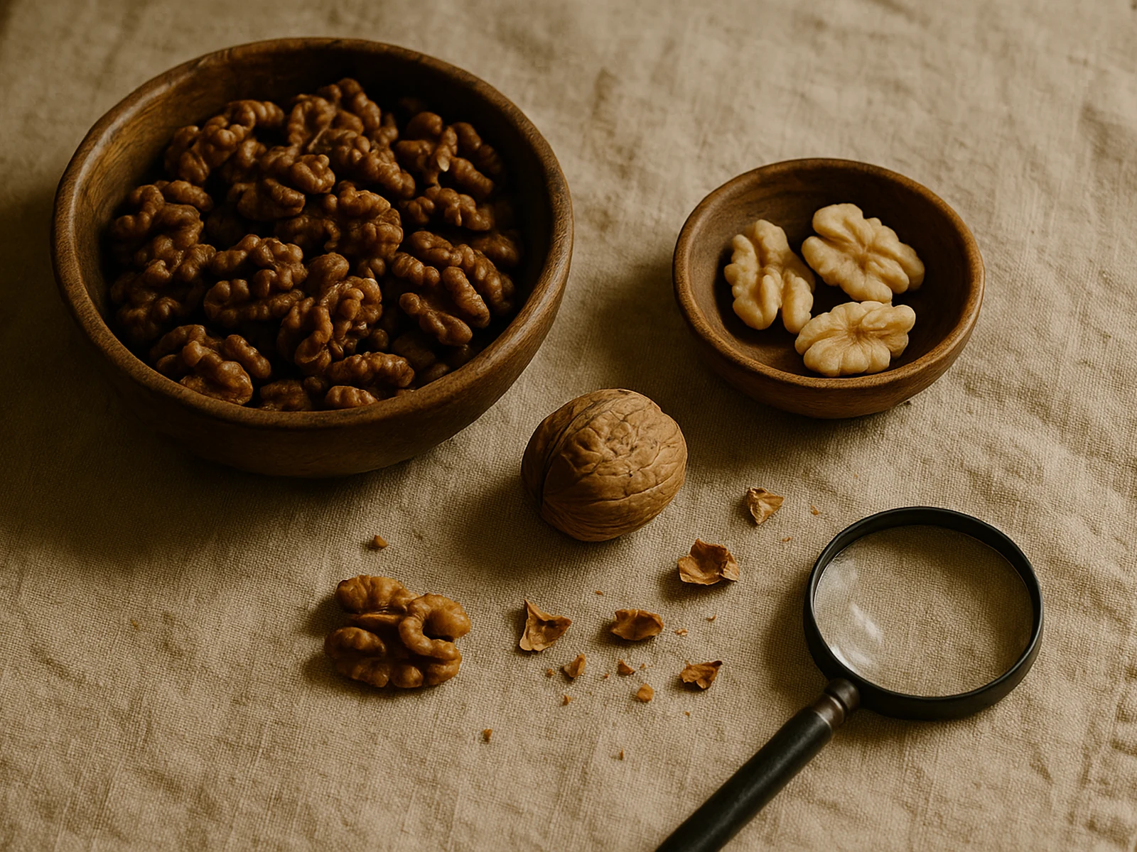 Kashmiri walnut halves vs Chilean comparison with whole cracked walnut