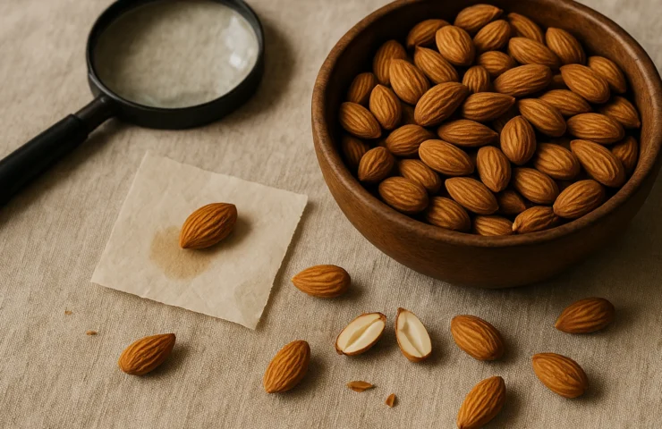 Real Mamra almonds with oil-bleed test on tissue and magnifying glass — authenticity test setup on warm linen