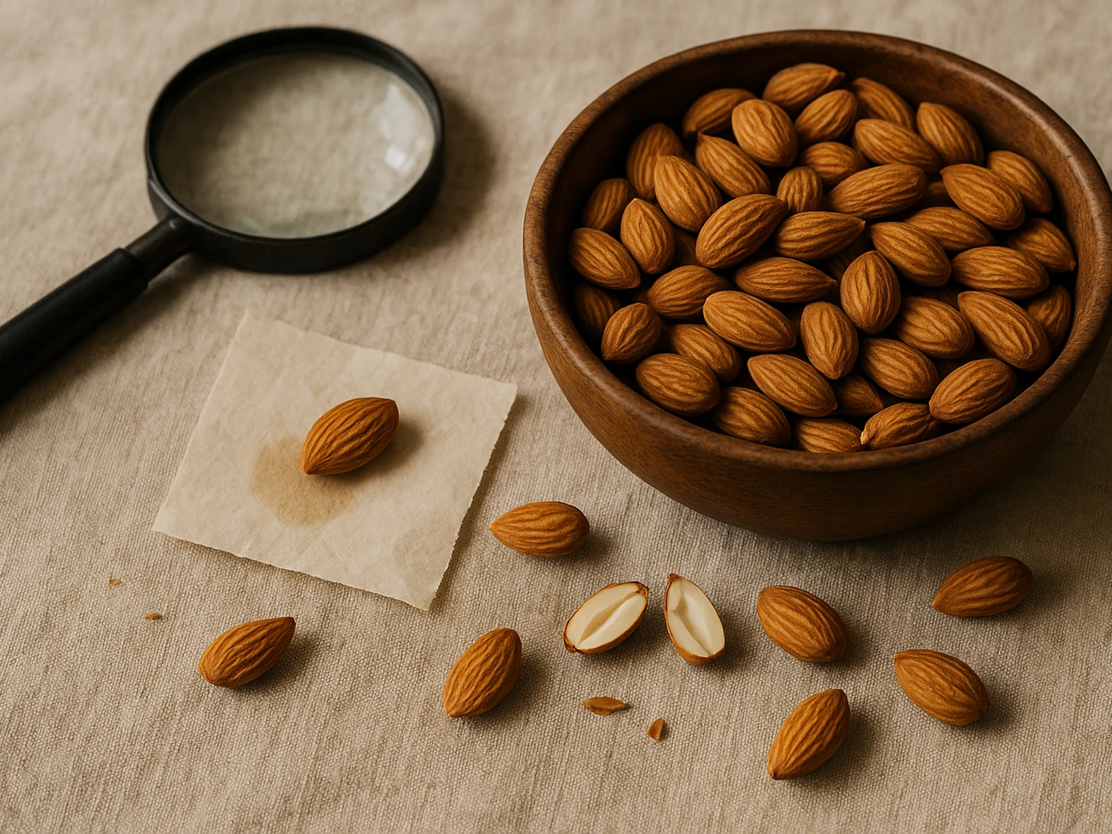 Real Mamra almonds with oil-bleed test and magnifying glass authenticity setup