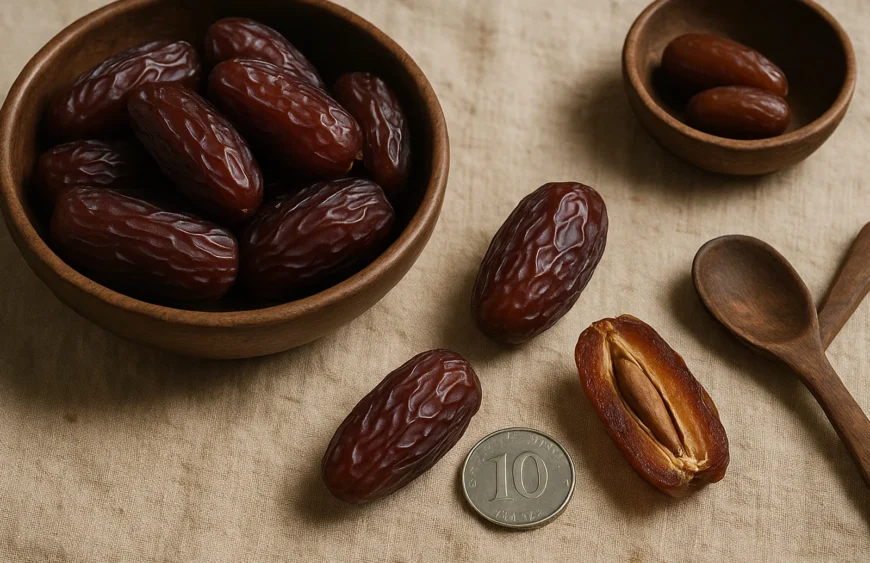 Medjool dates authenticity test with Rs.10 coin for size reference and split-open dates showing interior flesh
